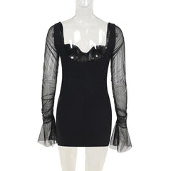Sweetheart neck long sleeve mesh mini dress