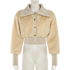 Turnover collar long sleeve button fluffy coat top