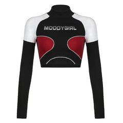 High neck contrast long sleeve "MOODYGIRL" pattern crop top