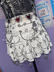 Skull o ring denim pleated mini skirt