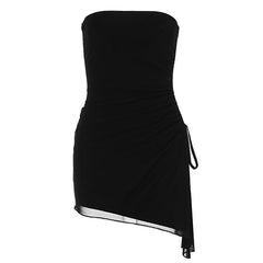 Drawstring ruched mesh irregular tube mini dress | red tango dress