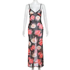 Sheer mesh flower print cami maxi dress | samba dress