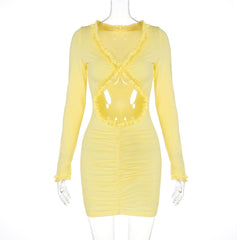 Long sleeve v neck hollow out ruffle mini dress