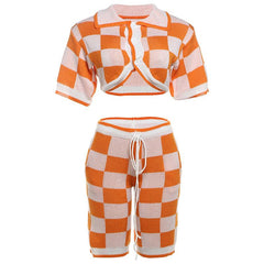 Turnover collar button drawstring plaid knitted pant set