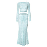 Long sleeve lace see through crop maxi skirt set