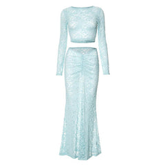 Long sleeve lace see through crop maxi skirt set