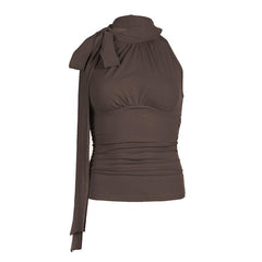 Sleeveless high neck knotted ruched top
