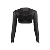 Long sleeve crewneck mesh ruched crop top