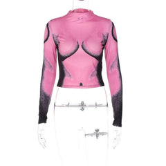 Long sleeve contrast high neck body print crop top