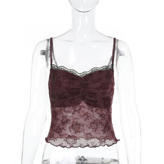 Lace hem ruched flower pattern mesh cami top