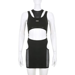 Mesh hollow out metal tag sleeveless 2 piece skirt set