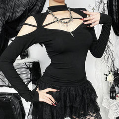 High neck long sleeve hollow out cross metal top