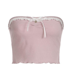 Textured lace hem backless ruffle contrast tube crop top