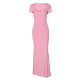 Short sleeve heart neck ruched ribbed solid maxi dress