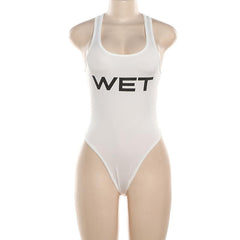 U neck “WETâ€?pattern sleeveless contrast tank bodysuit