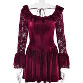Long sleeve lace velvet self tie mini dress