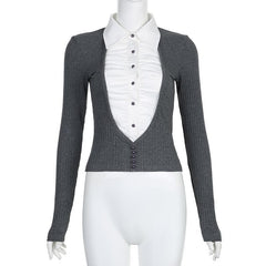 Turnover collar long sleeve button ruched contrast patchwork top