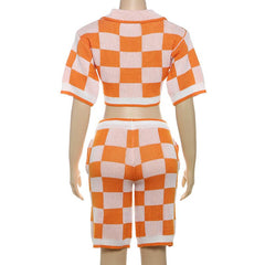 Turnover collar button drawstring plaid knitted pant set