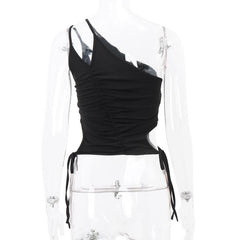 One shoulder hollow out metal buckle self tie crop top