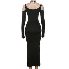 Hollow out long sleeve halter cross front self tie maxi dress | black rave dress