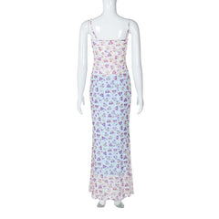 Print ruched high slit sweetheart neck mesh cami maxi skirt set