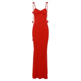 Flower applique backless solid v neck ribbon cami maxi dress | red tango dress