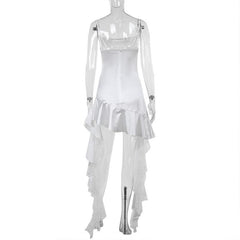 Satin lace hem patchwork ruffle cami mini dress