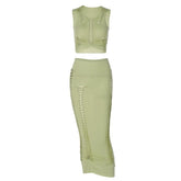 Hollow out ruched solid sleeveless midi skirt set