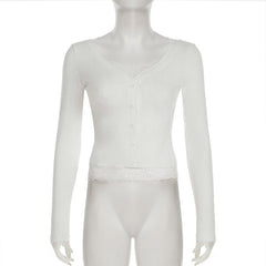Long sleeve v neck lace hem button top