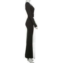 Long sleeve mesh patchwork hollow out jumpsuit