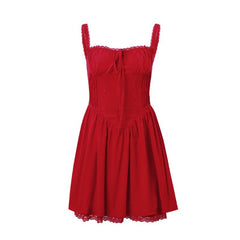 Lace hem drawstring ruched lace up cami mini dress | red tango dress