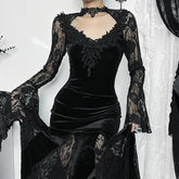 Long flared sleeve crewneck lace embroidery ruffle maxi dress | red tango dress