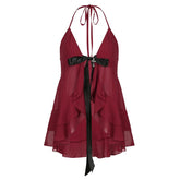 Halter cross applique bowknot mesh ruffle top