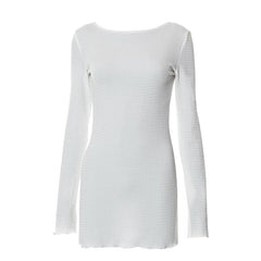 Textured solid self tie backless long sleeve ruffle mini dress