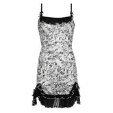 Mesh ruched ruffle bowknot print cami mini dress