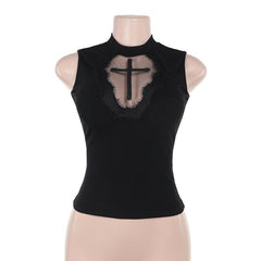 Sleeveless crewneck cross pattern solid top