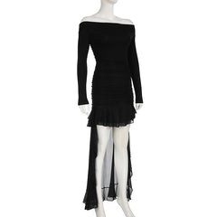 Off shoulder long sleeve ruffle ruched mesh maxi dress
