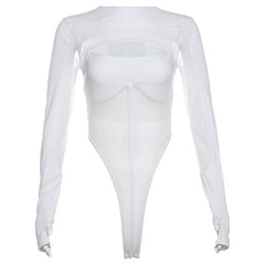 Hollow out long sleeve gloves button mesh bodysuit