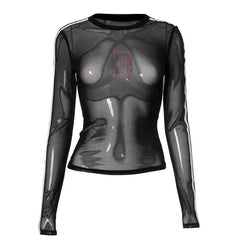 Long sleeve crewneck mesh beaded top
