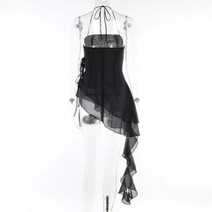 Halter ruffle irregular ribbon sheer mesh mini dress | samba dress