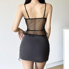 Mesh backless ruffle self tie cami top