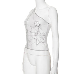 One shoulder stitch star print contrast top