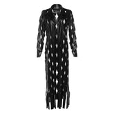 Turnover collar hollow out PU leather long sleeve coat cut out top