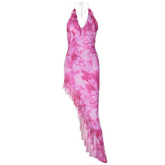 Tie dye ruffle halter mesh backless self tie irregular maxi dress | red tango dress