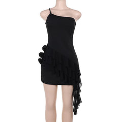 One shoulder ruffle flower applique mini dress | red tango dress