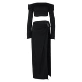 Off shoulder long sleeve o ring slit maxi dress | red tango dress