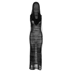 Crochet solid hoodie sleeveless see through maxi dress | red tango dress