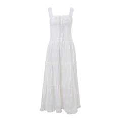Drawstring ruched ruffle textured cami midi dress