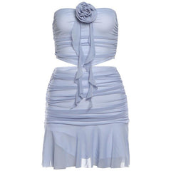 Flower applique ruched ruffle mesh tube mini skirt set