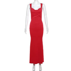 Cowl neck bowknot backless solid cami maxi dress | red tango dress